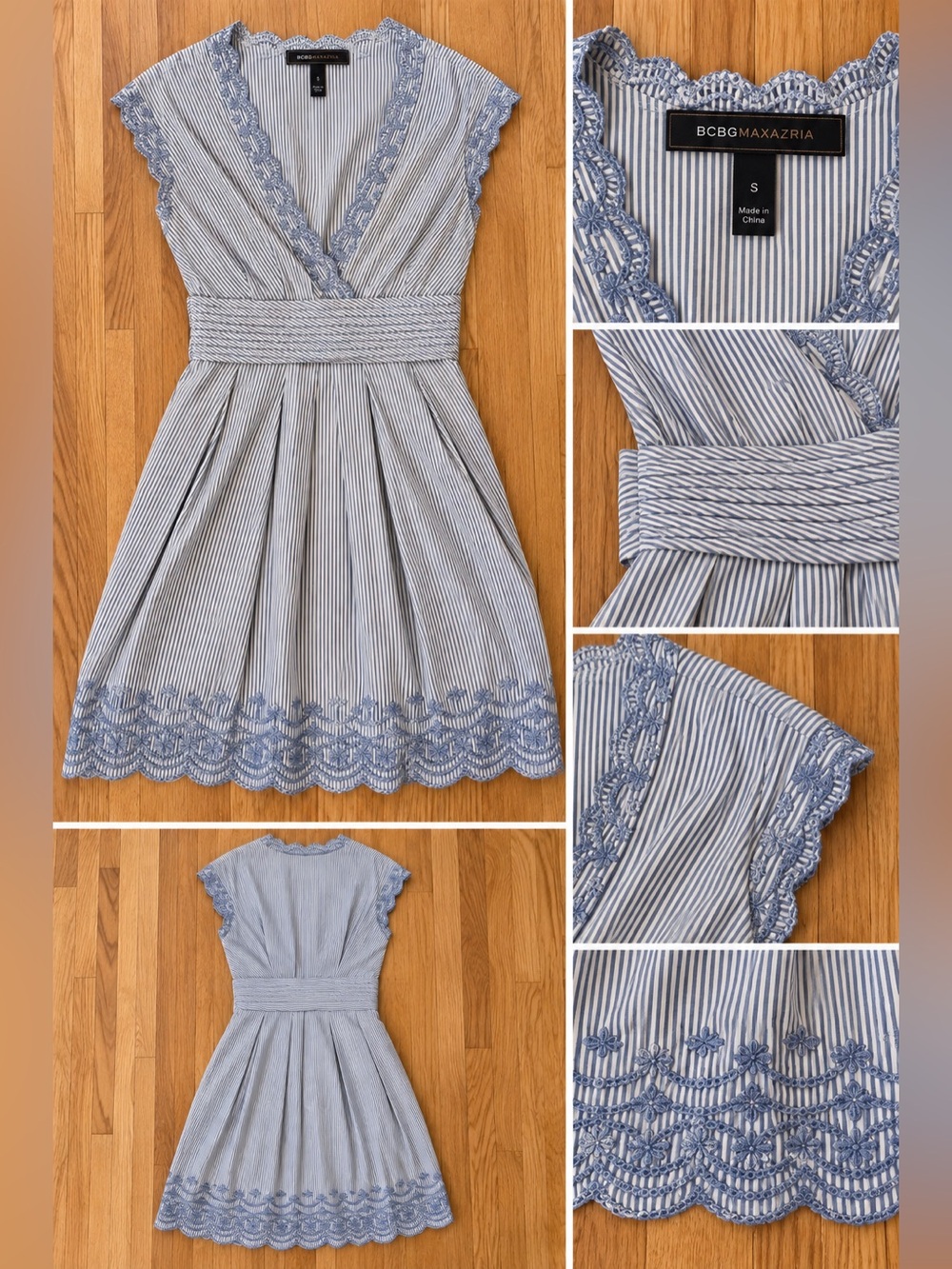 BCBGMaxAzria Blue and White Striped Lace-Trimmed Fit & Flare Dress